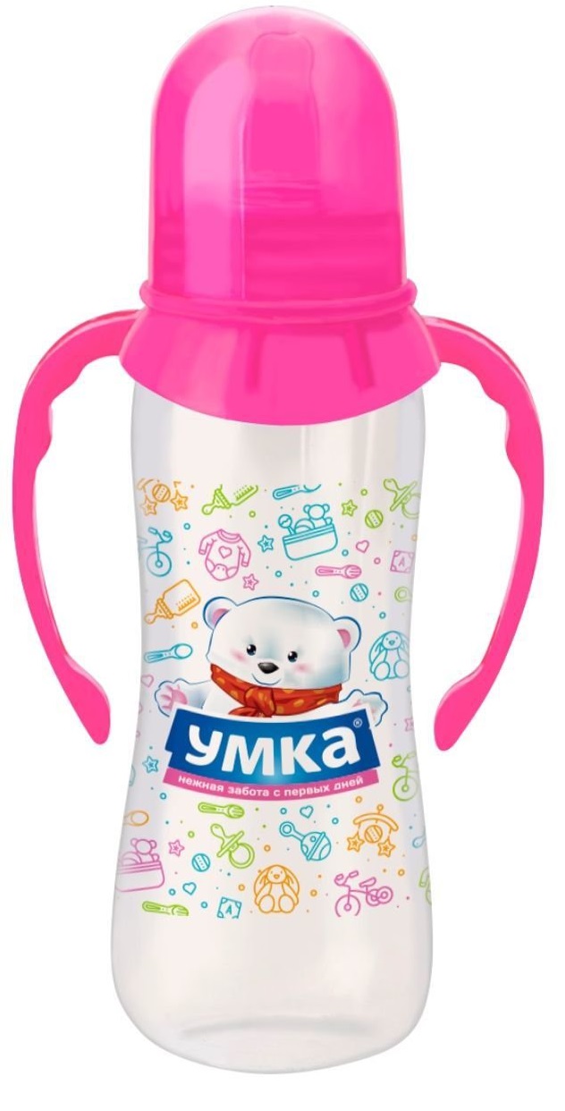 Бутылочка для кормления с ручками с силиконовой соской ТМ"Умка" от 6 мес. 250 мл*12 (розовая)