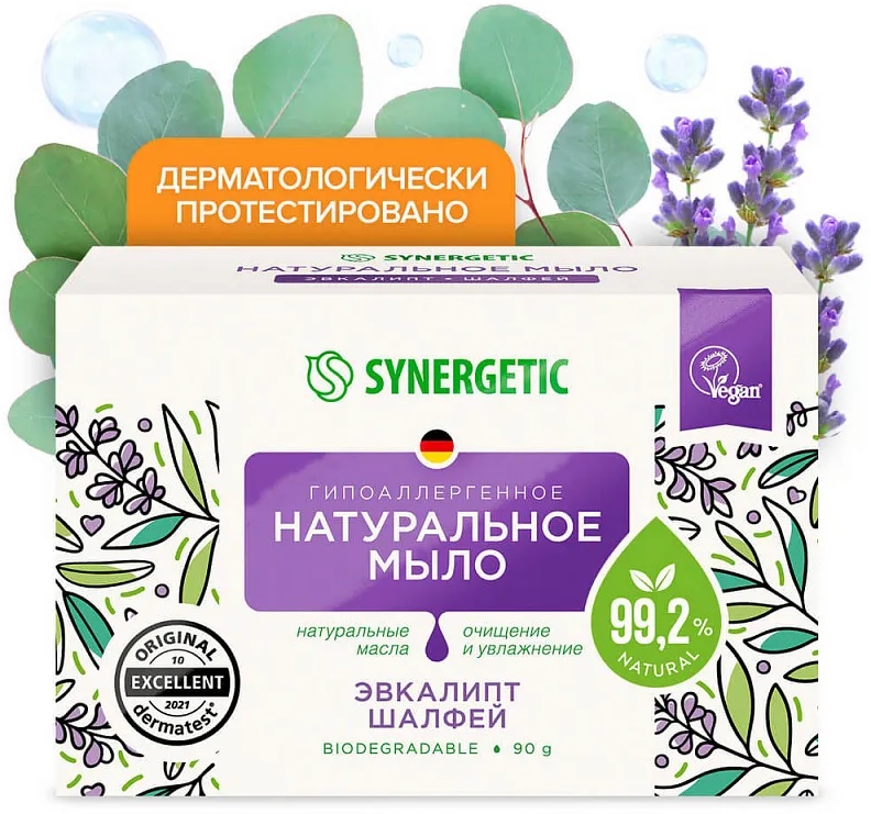 SYNERGETIC натуральное туалетное мыло Эвкалипт и Шалфей 90гр 24 шт/уп