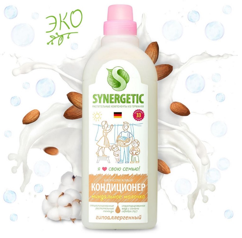 SYNERGETIC кондиционер для белья Миндальное молочко 1л 8 шт/уп