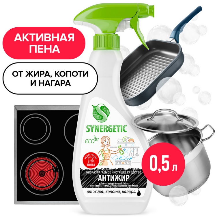 SYNERGETIC Универсальное чистящее средство для удаления жира,копоти "Антижир" SYNERGETIC 0,5л 8шт/уп