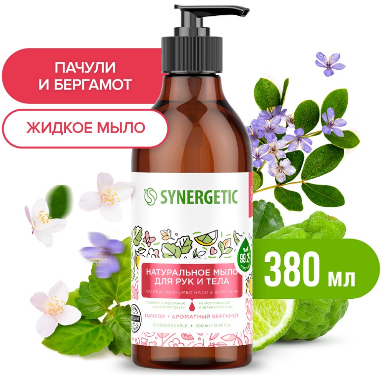 SYNERGETIC мыло для рук и тела Пачули и ароматный бергамот 0,38л 12 шт/уп
