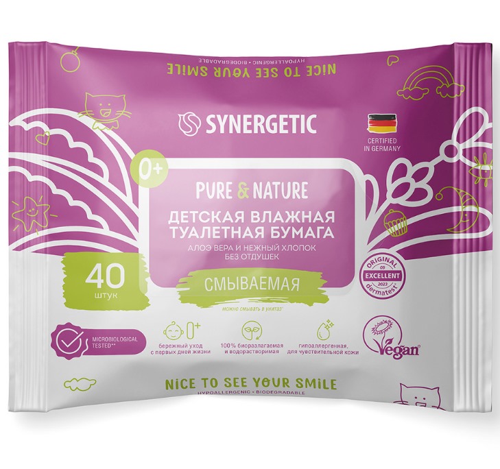 SYNERGETIC Детская влажная туалетная бумага Pure&Nature, алоэ вера и нежный хлопок, 40 шт.*20