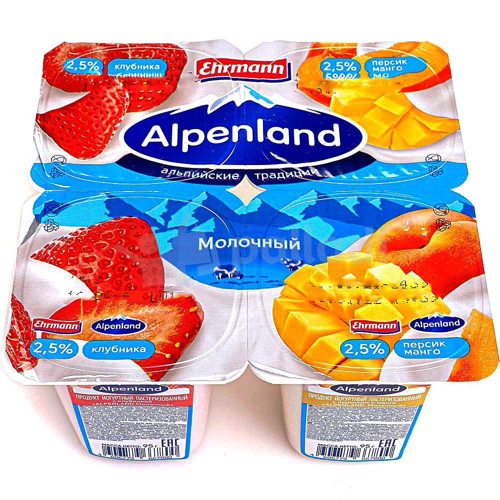 Йогуртный продукт Alpenland клубника-персик-манго 2,5% 95 г