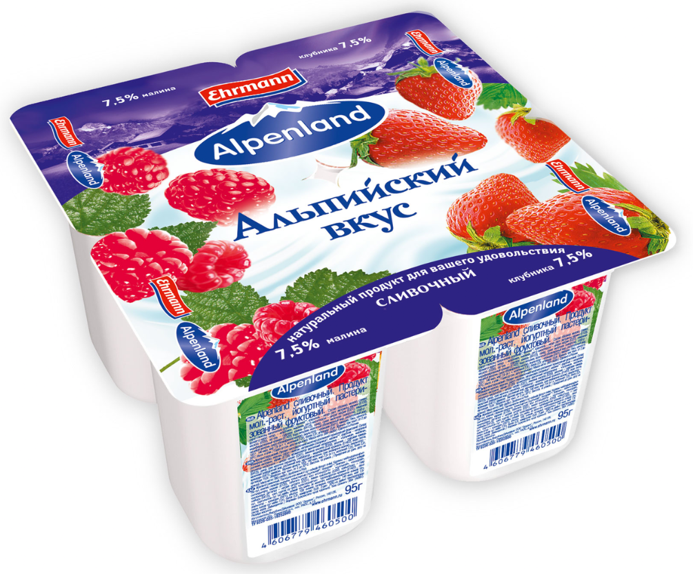 Йогуртный продукт Alpenland с малиной и клубникой 7,5% 95г