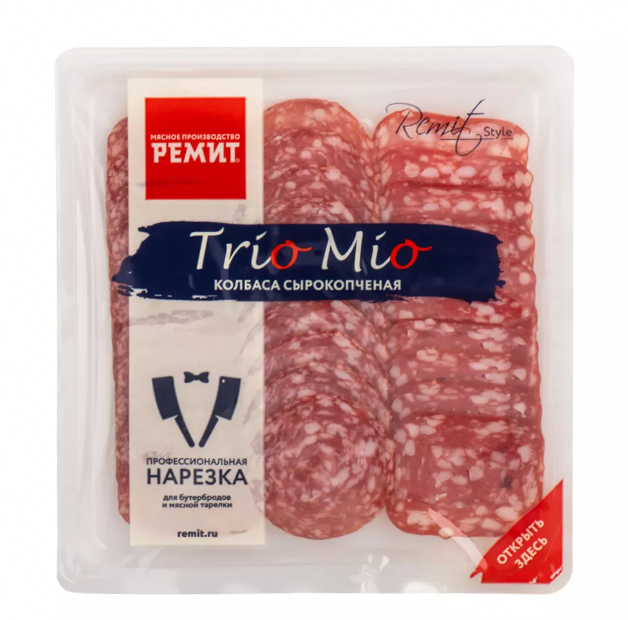 Колбаса сырокопченая Ремит Trio Mio Ассорти полусухая нарезка 100г
