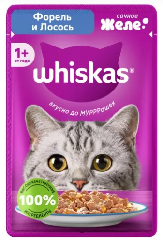 Корм влажный Whiskas желе для взрослых кошек лосось и форель 75г