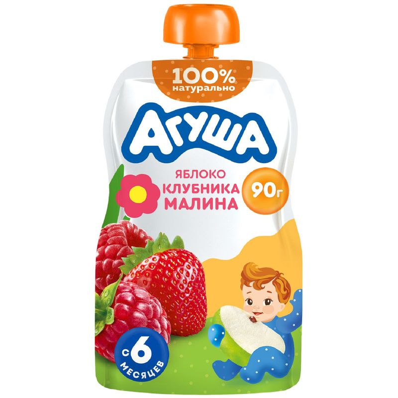 Пюре фруктовое детское Агуша яблоко, клубника и малина с 6 мес. 90г