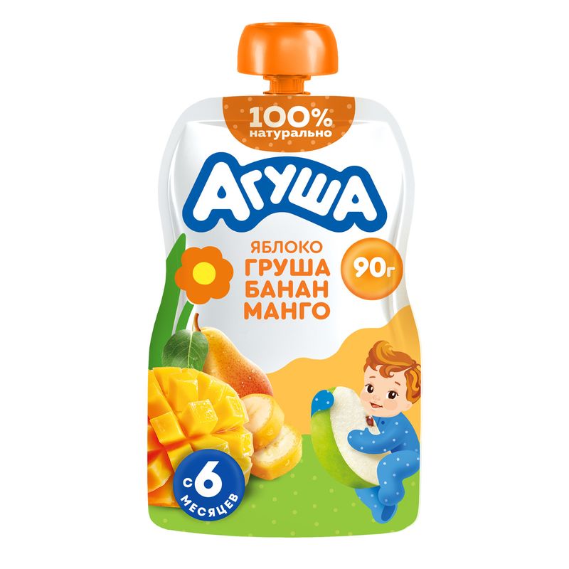Пюре фруктовое детское Агуша яблоко, груша, банан и манго с 6 мес. 90г