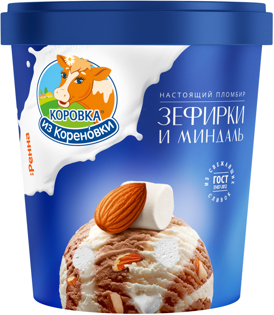 Мороженое пломбир Коровка из Кореновки шоколадно-ванильное с зефиром и миндалём 300г