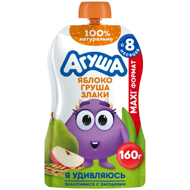 Пюре детское фруктовое Агуша яблоко-груша-злаки с 8 мес. 160гр