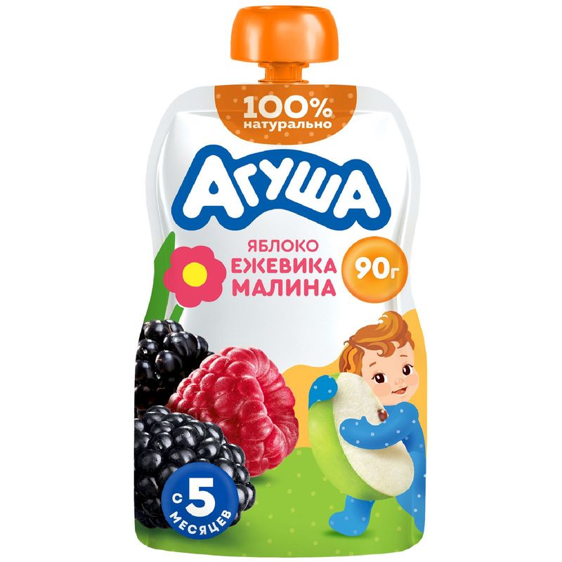 Пюре фруктовое детское Агуша яблоко, ежевика и малина с 5 мес. 90г