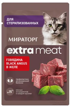 Корм влажный для стерилизованных и кастрированных кошек Мираторг Extra Meat говядина black angus в желе 75г