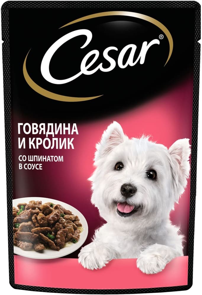 Влажный корм для взрослых собак Cesar с говядиной, кроликом и шпинатом в соусе 85г