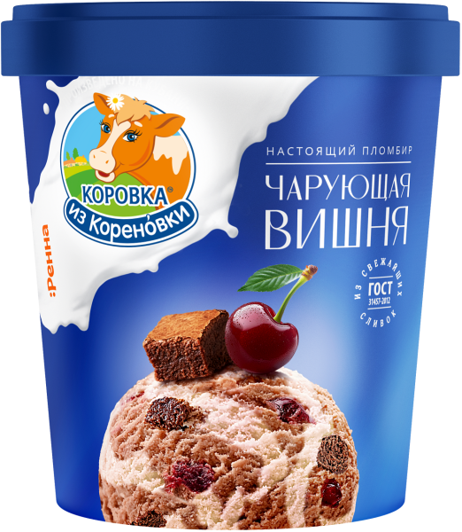 Мороженое Коровка из Кореновки пломбир шоколадный с вишней и крошкой шоколадного печенья 15% 300г