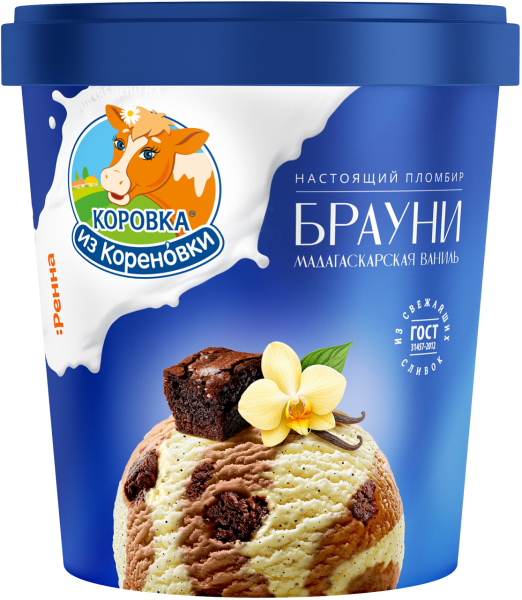 Мороженое Коровка из Кореновки пломбир ванильный и шоколадный со вкусом печенье-крем и крошкой брауни 15% 300г