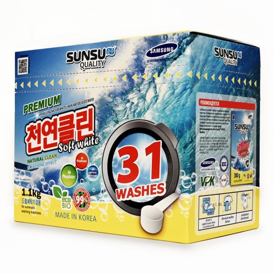Стиральный порошок SUNSU QUALITY soft white для белого белья, гипоаллергенный, концентрированный, 1.1 кг