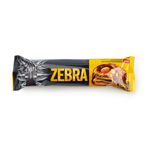 Батончик вафельный глазированный ZEBRA с изюмом и арахисом в мягкой карамели 40г