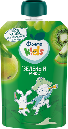 Пюре фруктово-ягодное ФРУТОKIDS Зеленый микс, яблоко, груша, виноград и киви с 9 месяцев 90г