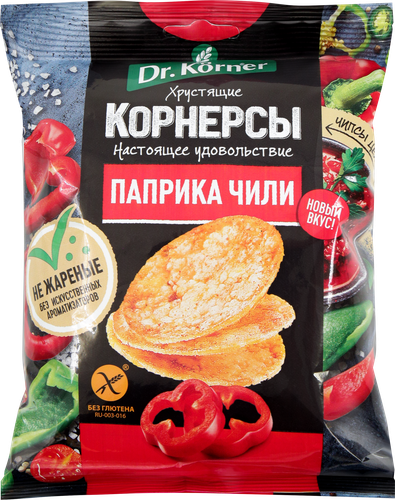 Чипсы цельнозерновые Корнерсы рисово-кукурузные DR KORNER Корнерсы, с паприкой и чили 50г