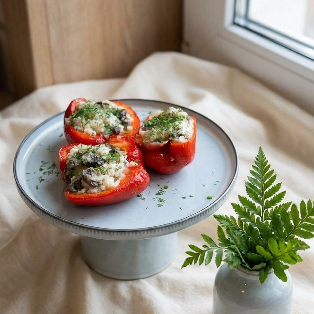 Перец фаршированный с рисом и шампиньонами