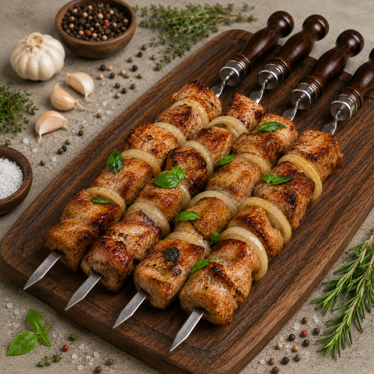 Шашлык из свиной шеи с луком и базиликом