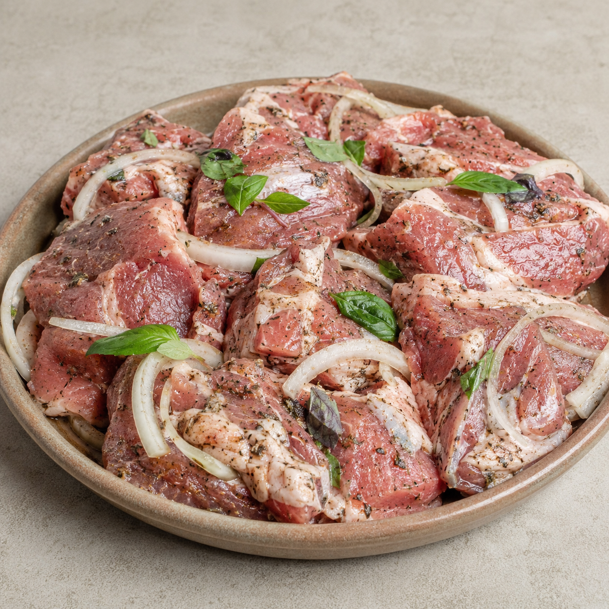 Шашлык из свиной шеи с луком и базиликом