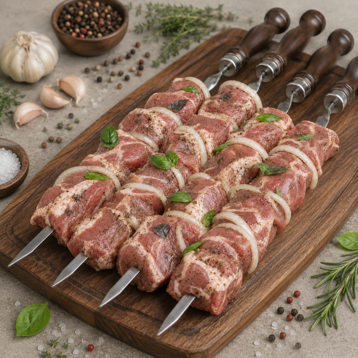 Шашлык из свиной шеи с луком и базиликом