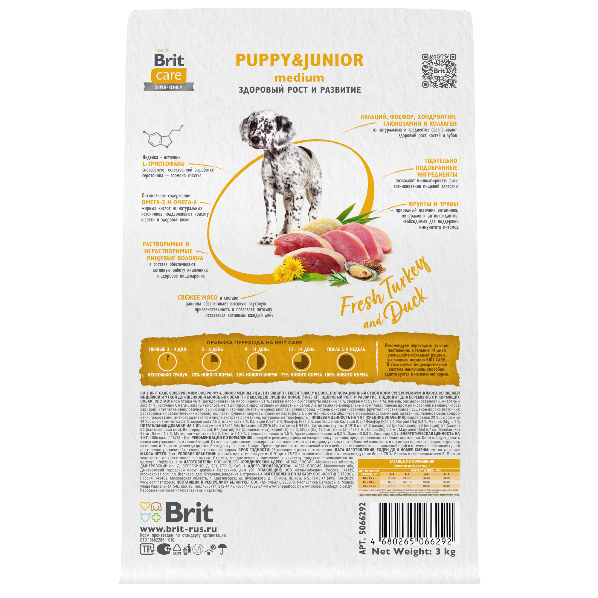 Brit Care Puppy&Junior Healthy Growth Индейка/Утка для щенков средних пород 3 кг