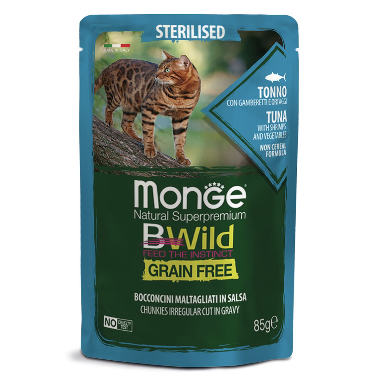 Monge Cat BWild GRAIN FREE Sterilised Тунец с креветками и овощами пауч д/кош 85 г