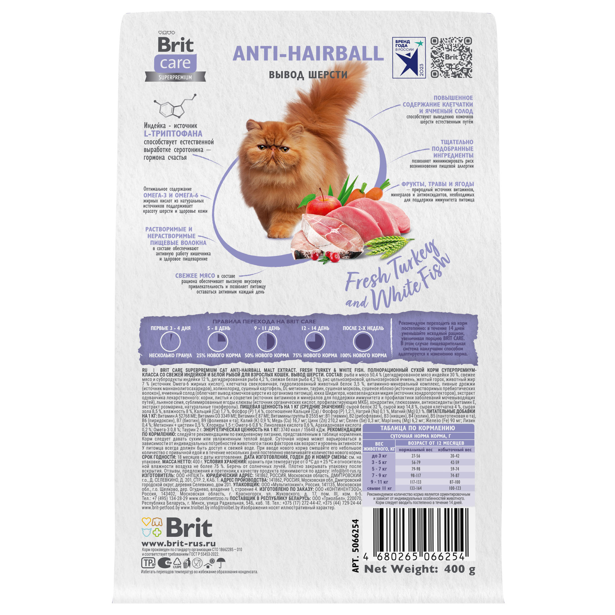 Brit Care Anti-Hairball Белая рыба/Индейка для кошек 400 г
