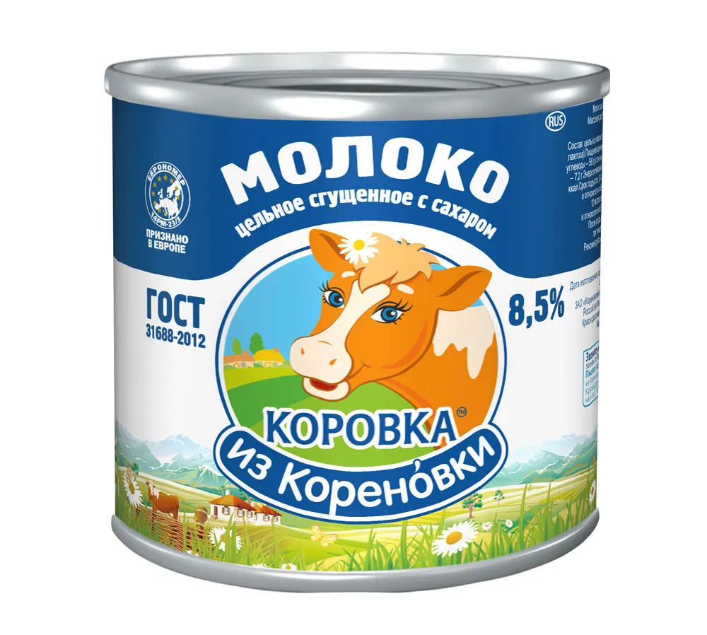 Молоко цельное сгущ. с сахаром 8,5% 380гр Коровка из Кореновки
