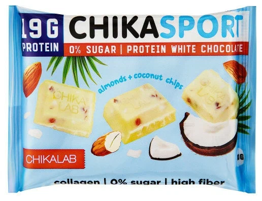 CHIKASPORT - белый с миндалем  и кокосовыми чипсами 100гр Молочный шоколад без сахара