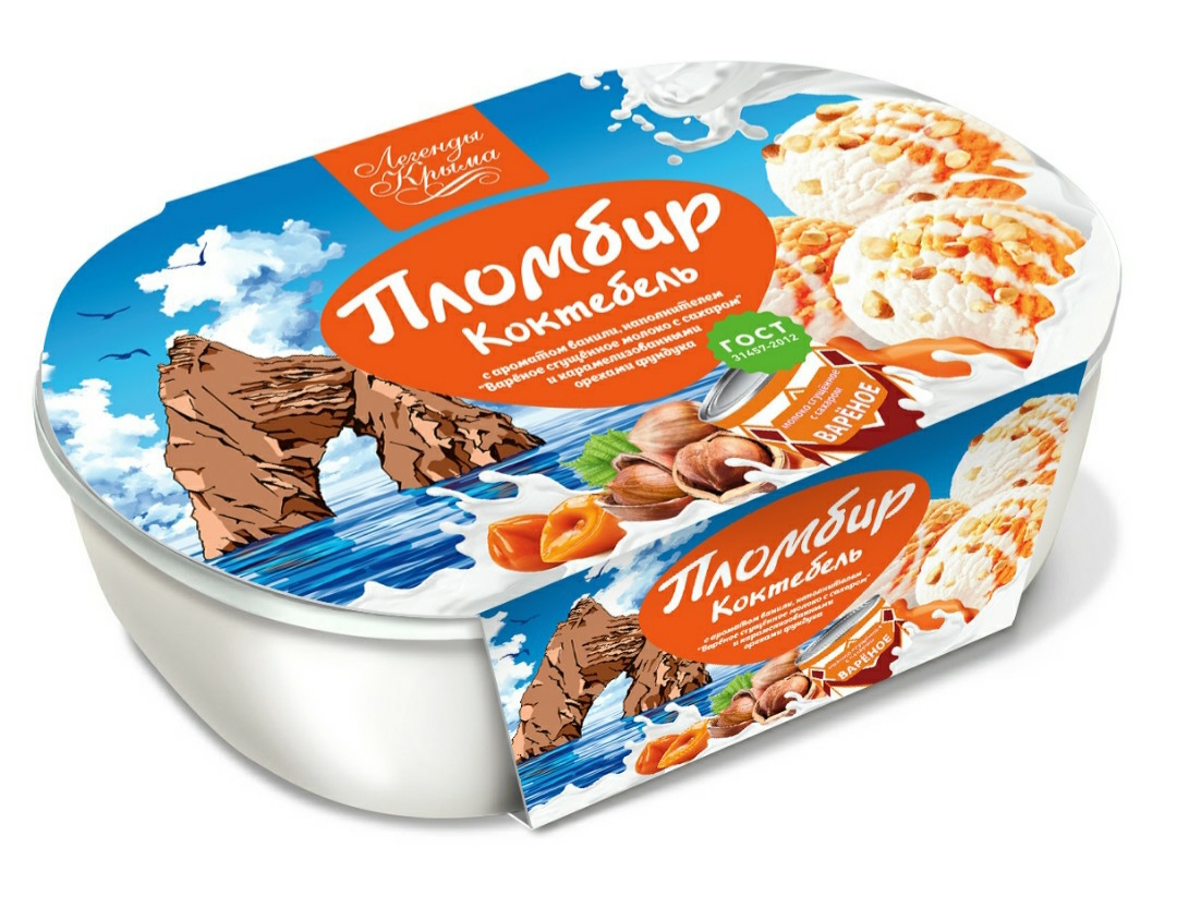 Пломбир с аромат. ванили, напол. "Варен. сгущ. молоко с сахаром" и карамел. орех. фунд. 450 гр.