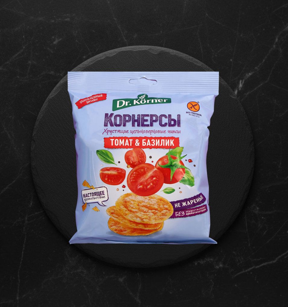 Чипсы DR. KORNER кукурузно-рисовые цельнозер., с томатом и базиликом 50г