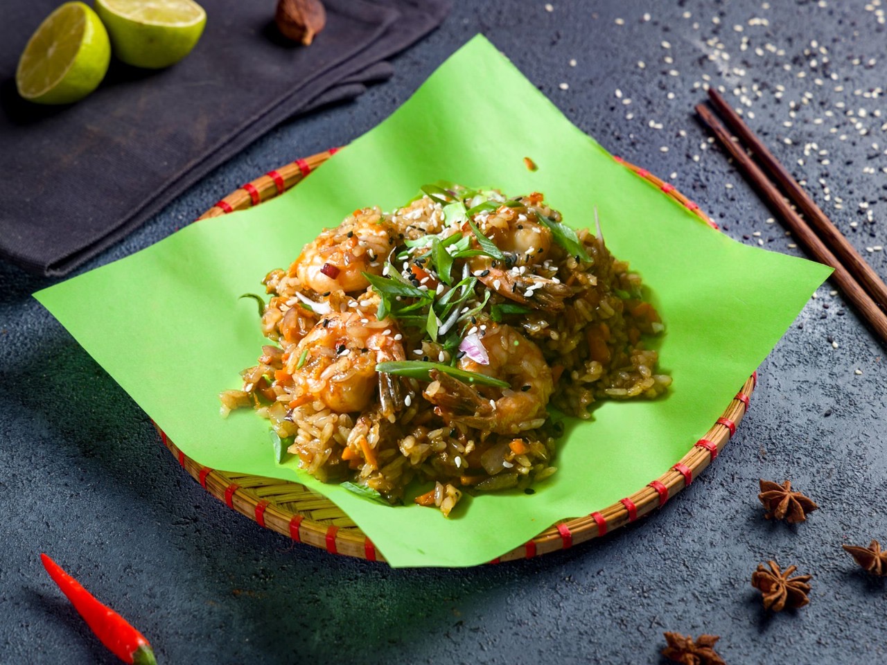 Рис с креветками в соусе унаги