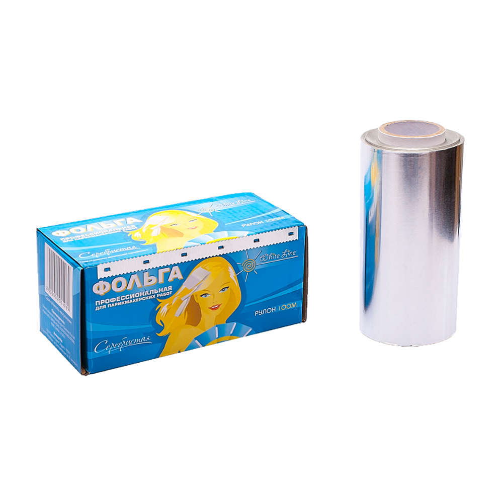 Фольга парикмахерская 100м серебро White line в коробке 18 мк