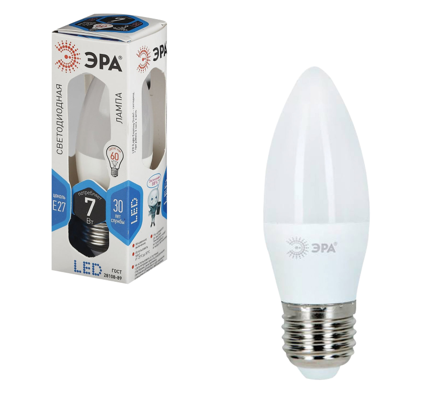 Лампа светодиодная ЭРА, 7 (60) Вт, цоколь E27, «свеча», холодный белый свет, 30000 ч., LED smdB35-7w