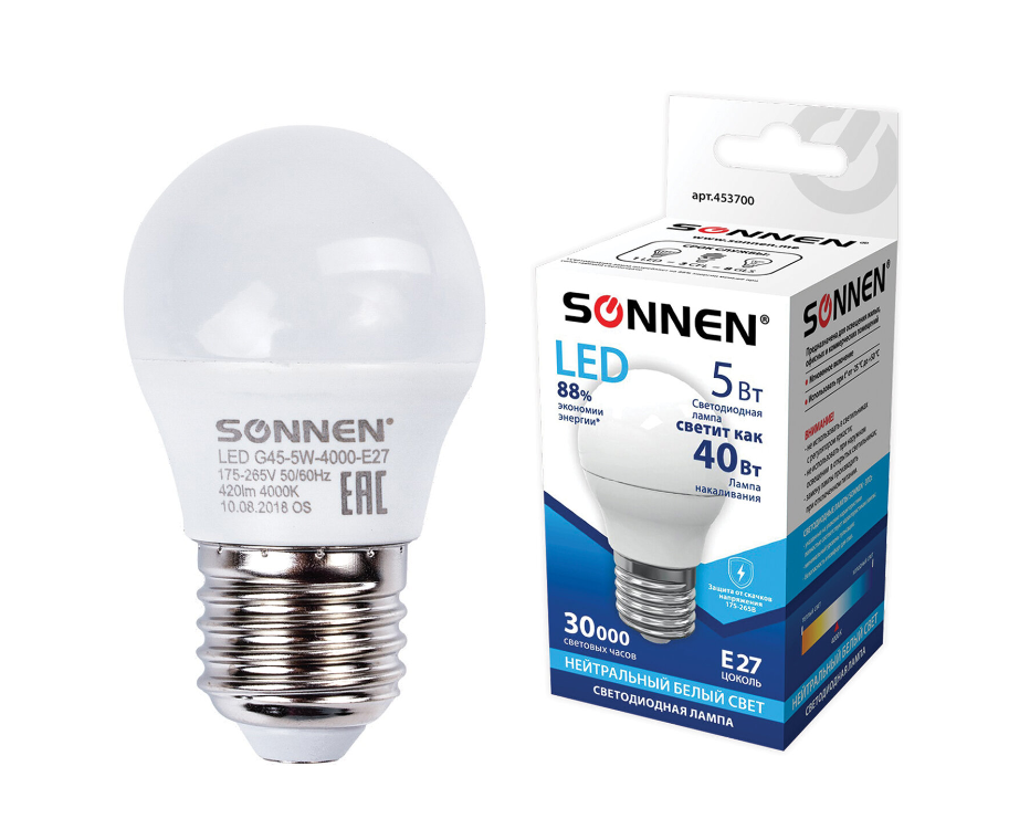 Лампа светодиодная SONNEN, 5 (40) Вт, цоколь E27, шар, нейтральный белый свет, 30000 ч, LED G45-5W-4