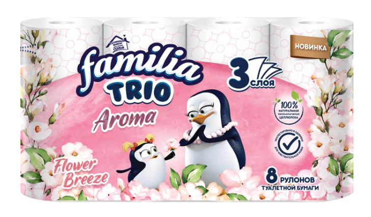 FAMILIA TRIO Туалетная бумага Цветочный Бриз 3 слоя, 8 рул