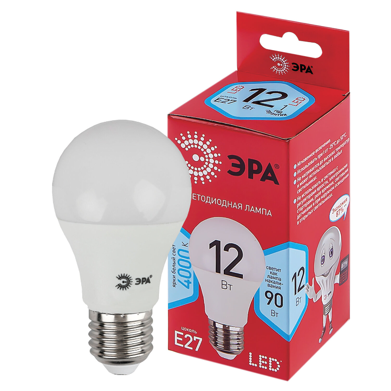 Лампа светодиодная ЭРА, 12 (90) Вт, цоколь Е27, груша, нейтральный белый, 25000 ч, LED A60-12W-4000-