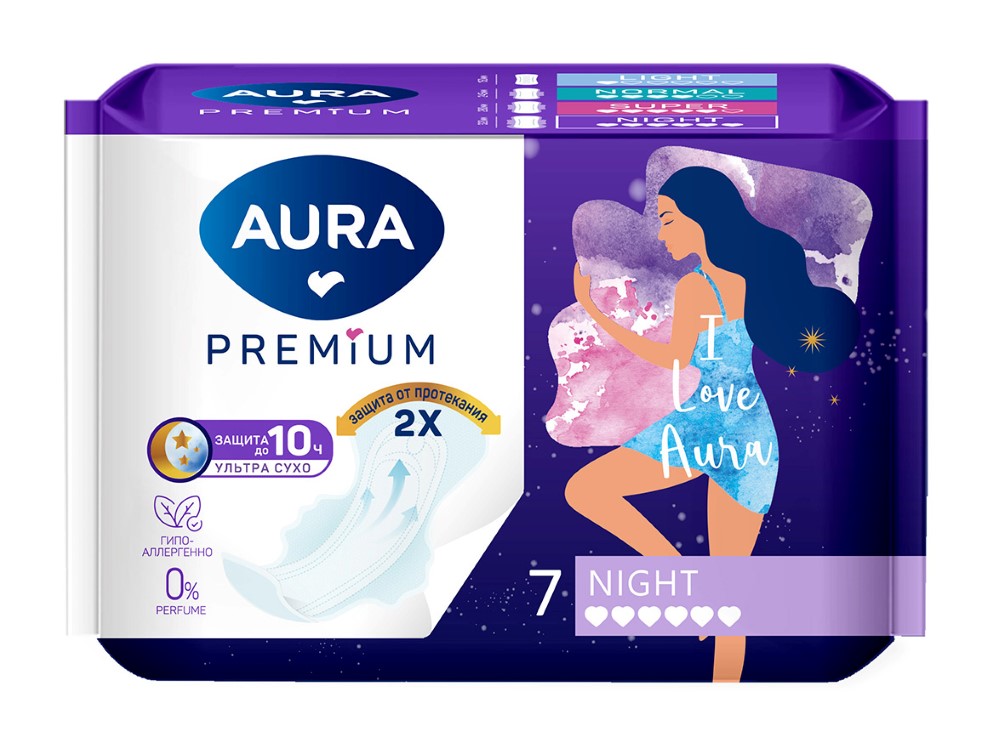 AURA Premium Прокладки женские гигиенические NIGHT 7шт