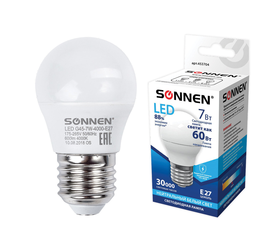 Лампа светодиодная SONNEN, 7 (60) Вт, цоколь E27, шар, нейтральный белый свет, 30000 ч, LED G45-7W-4