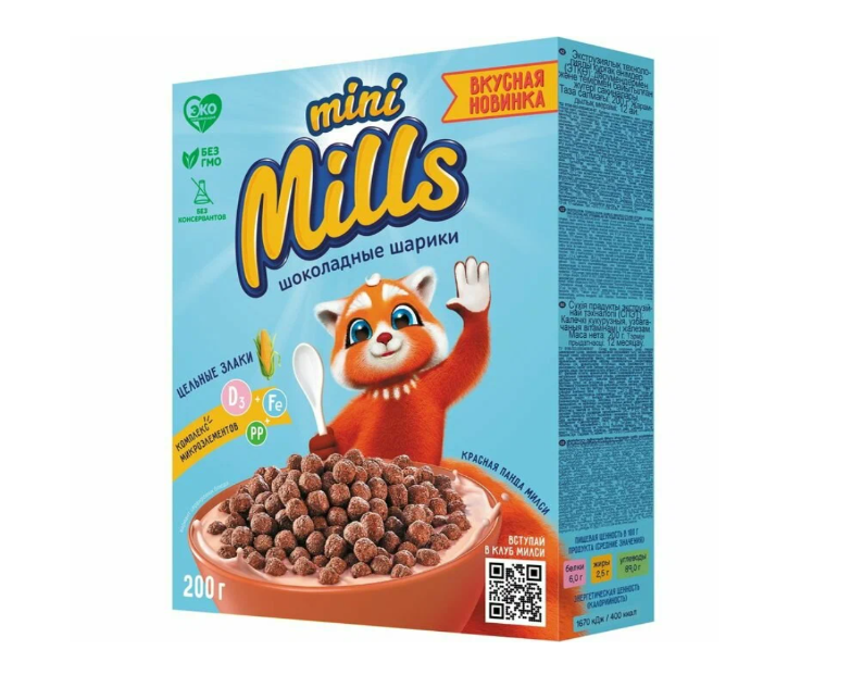 Сухой завтрак шарики Mini Mills кукурузные шоколадные 200 гр