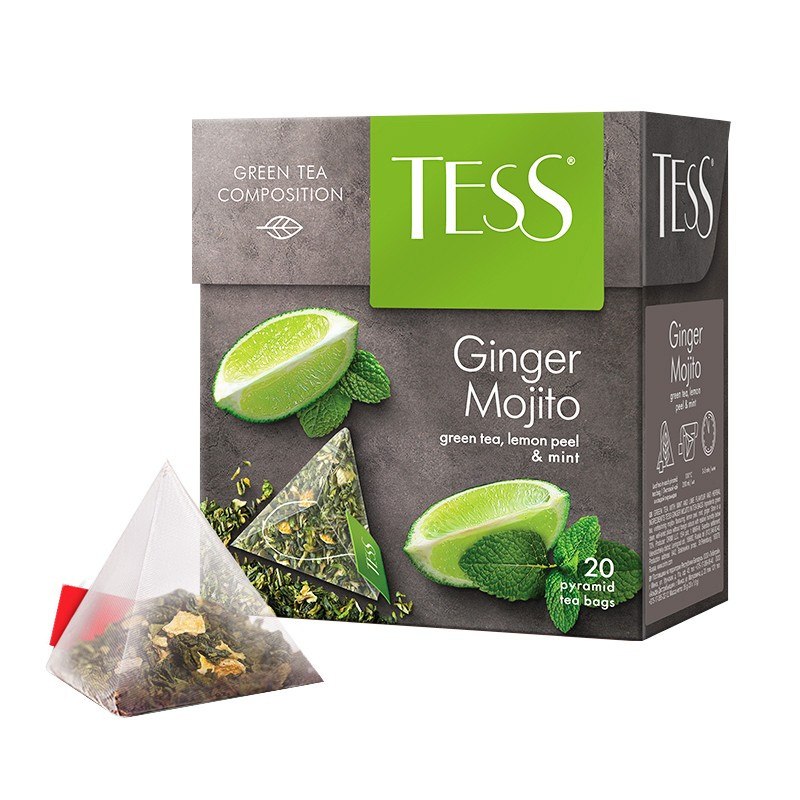 Чай зеленый Tess Ginger Mojito с цедрой лимона и мятой в пирамидках, 20 х 1.8г