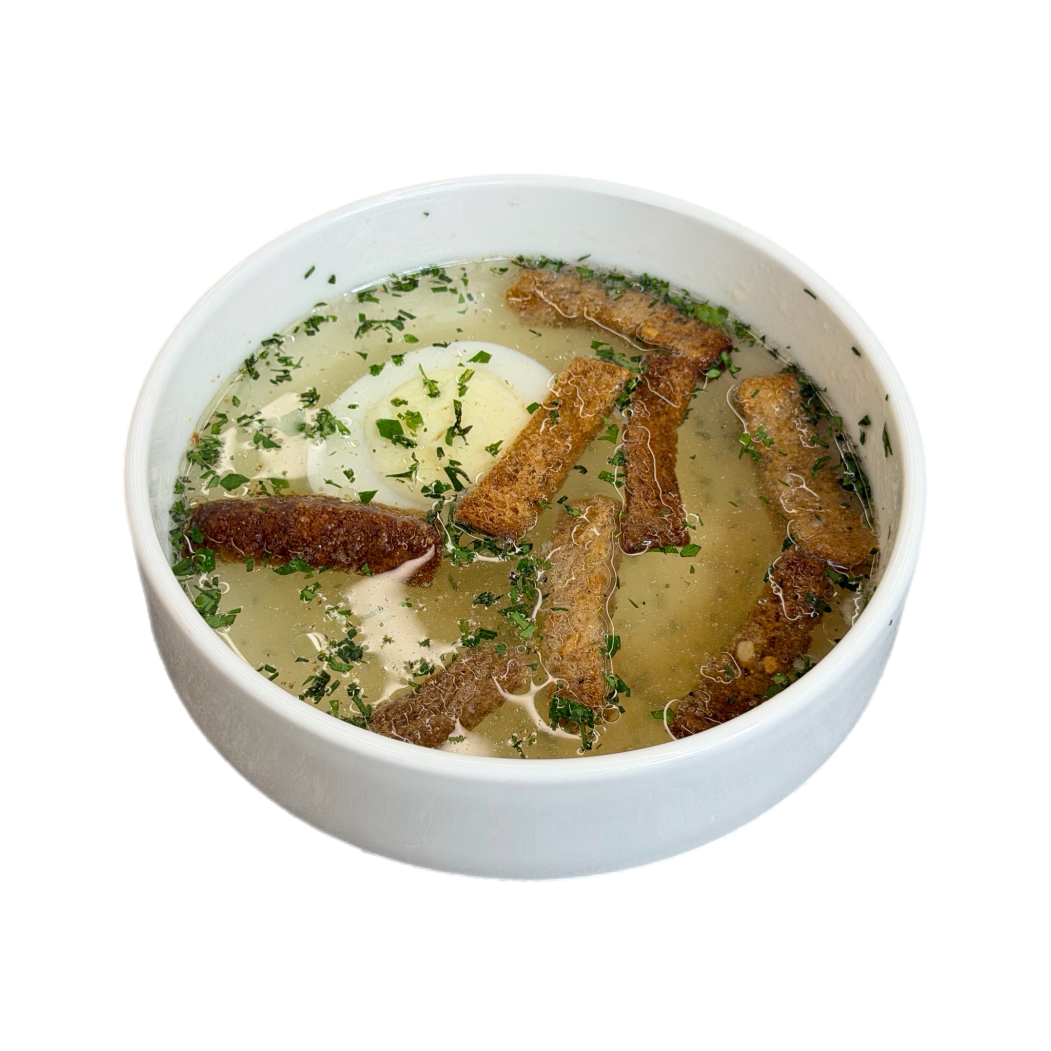 Куриный бульон с гренками ржаными  и яйцом