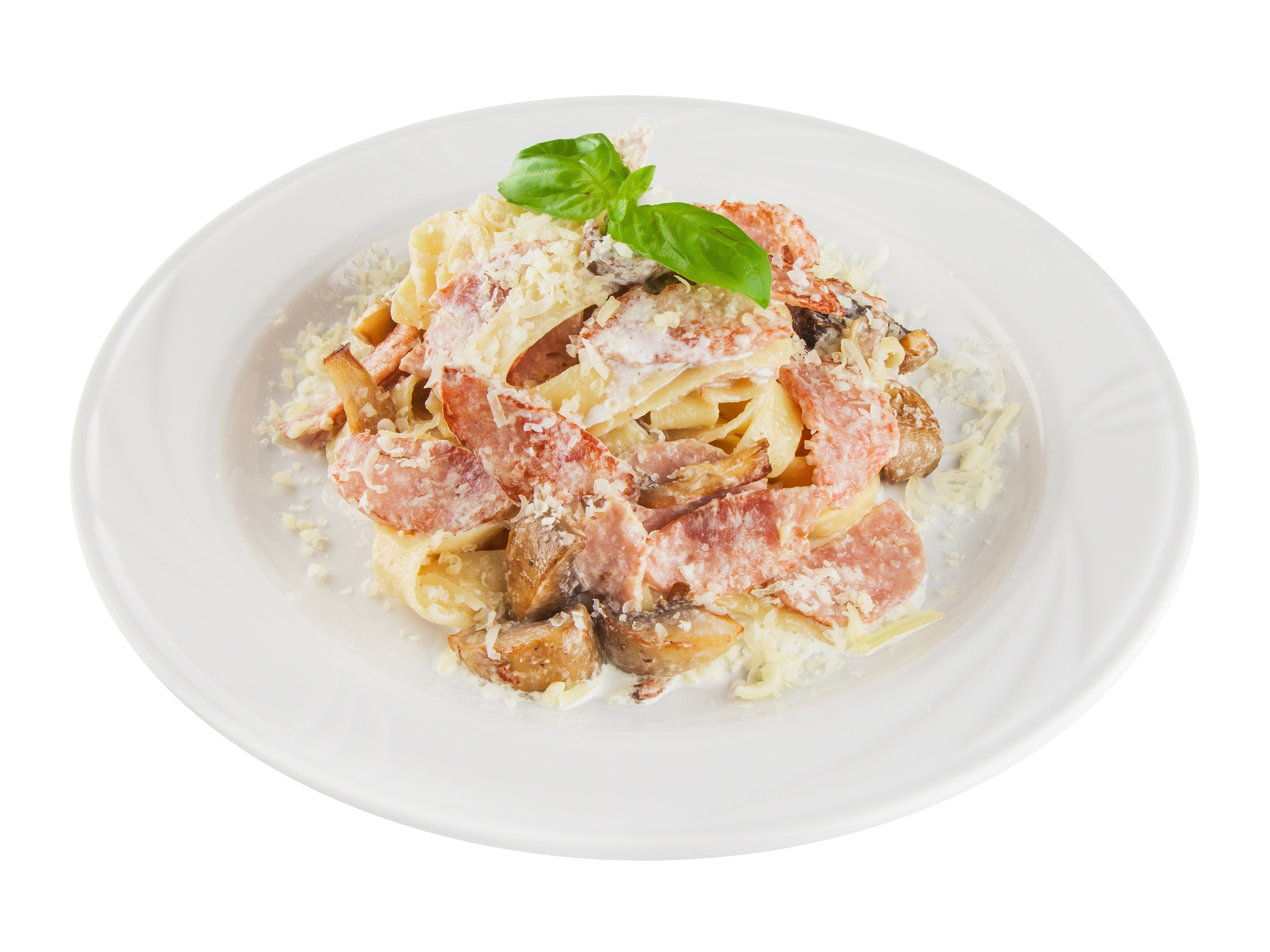 Фетучини с ветчиной и грибами