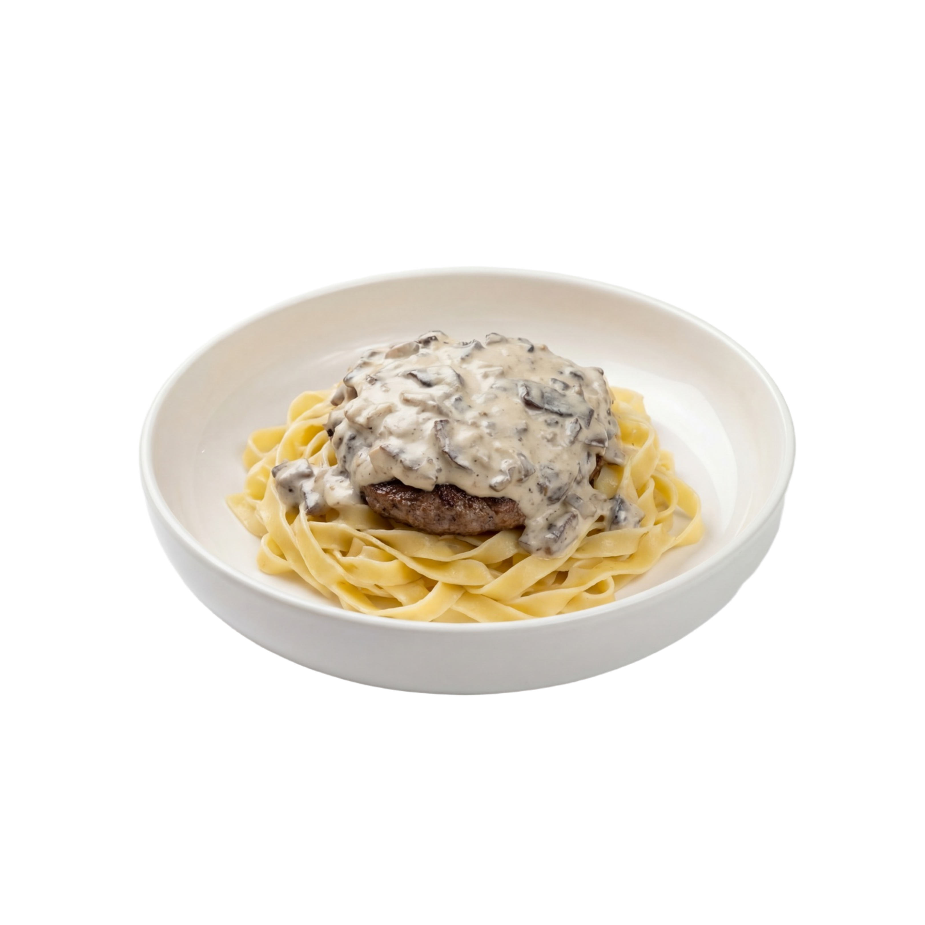 Паста с котлетой из говядины и грибным соусом