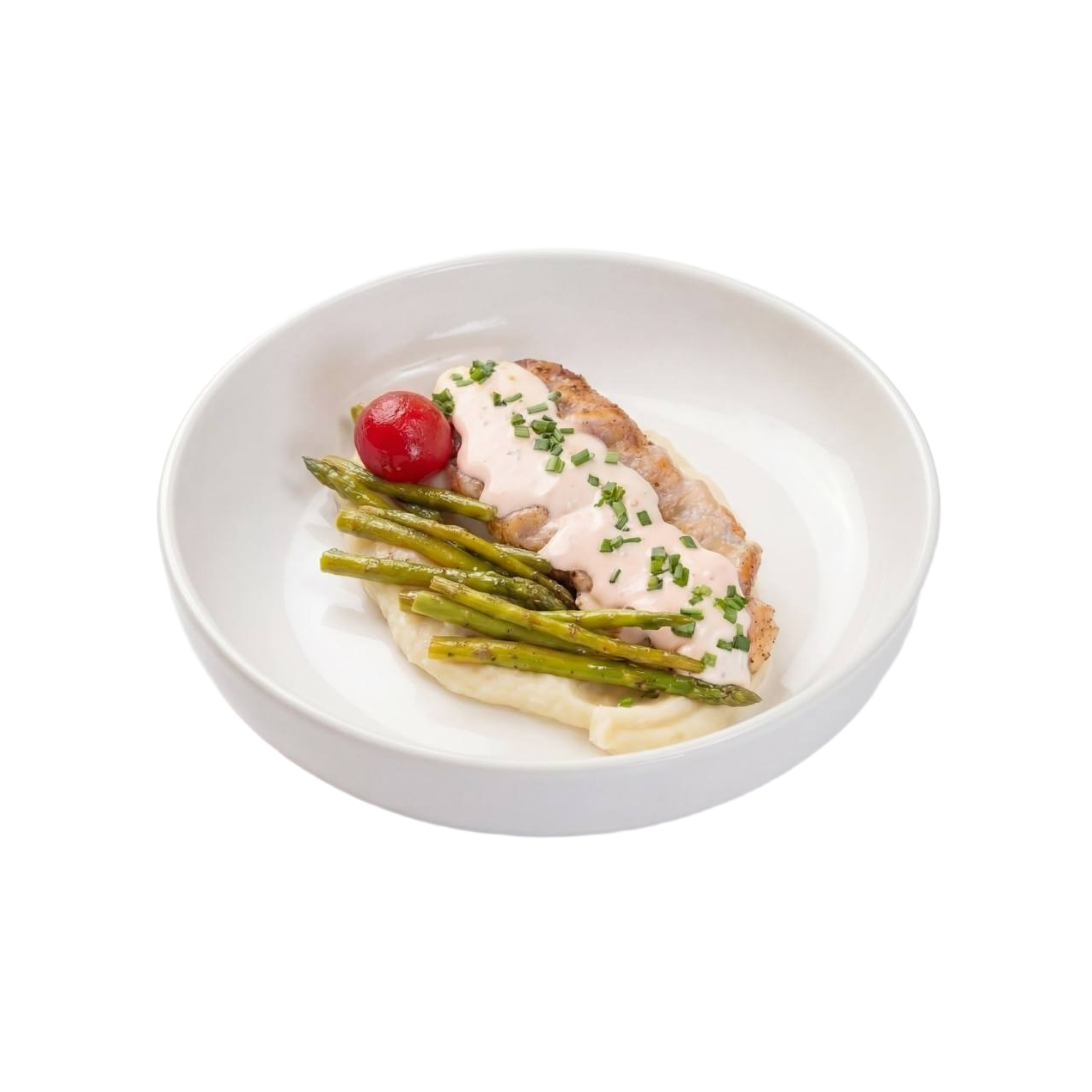 Картофельное пюре с куриной грудкой, сливочным соусом и спаржей