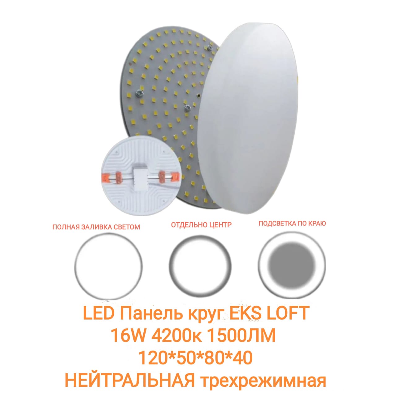 LED Панель LOFT круг EKS ТРИ режима 16W 4200к 1500ЛМ 120*50*80*40 мм НЕЙТРАЛЬНАЯ ЕКС