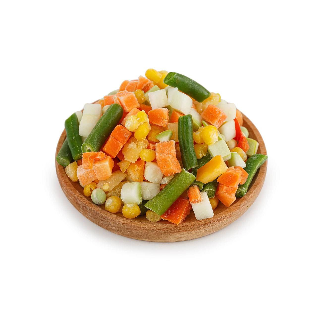 Смесь овощная *Мексиканская* Состав: Перец болгарский (кубик), морковь, зеленый горошек, кукуруза, фасоль стручковая резанная.  Фасовка 1 кг.